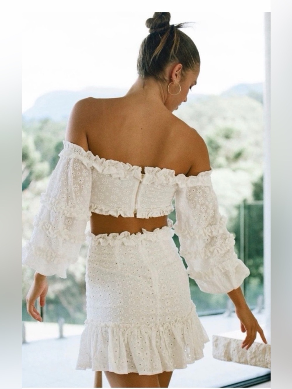 SABO Off Shoulder Eyelet Lace Up Cutout Mini Dress White Medium NWT! - Picture 2 of 11